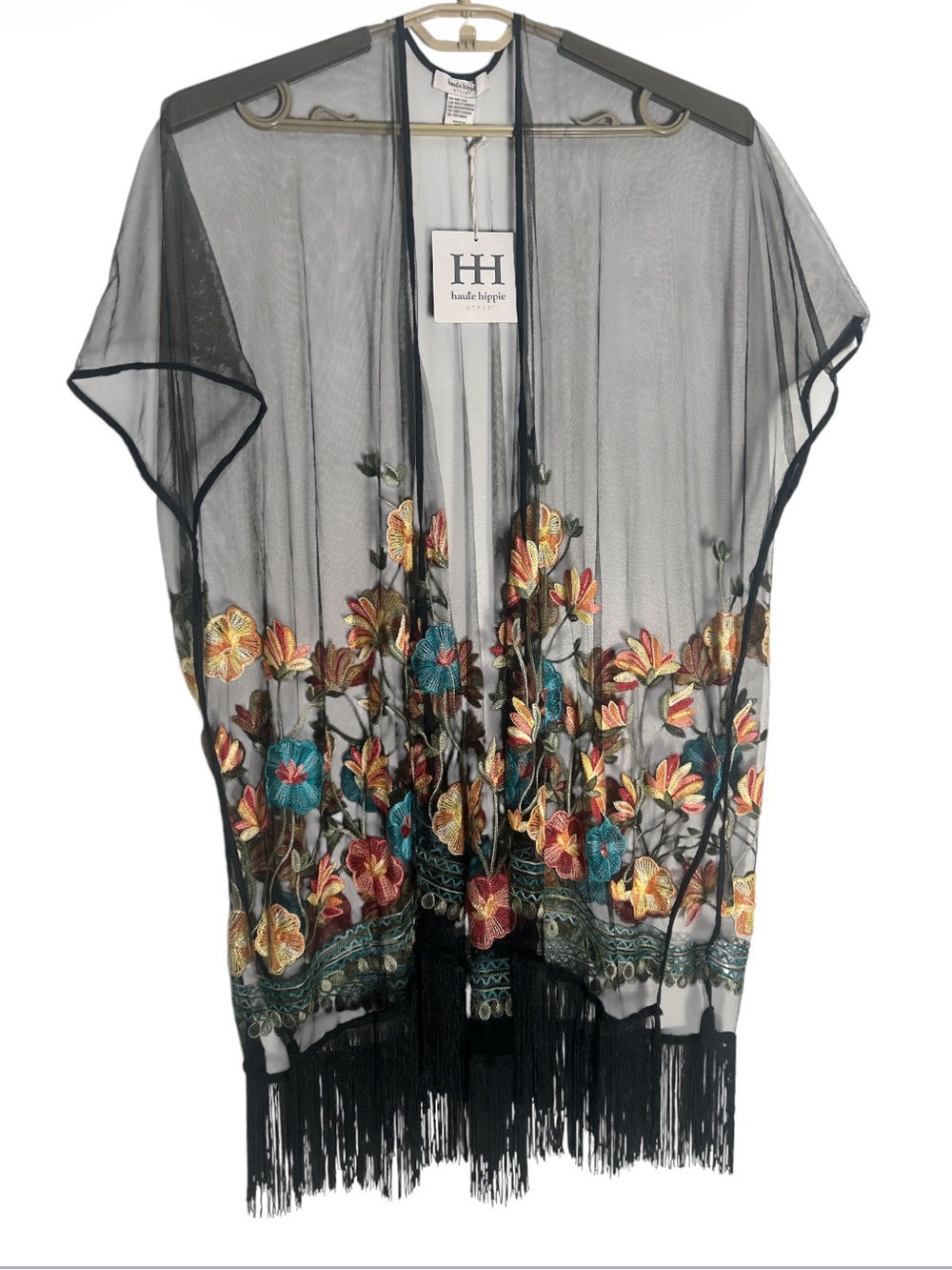 Haute Hippie Sheer Black Meshed Embroidered Floral Fringed Kimono OS